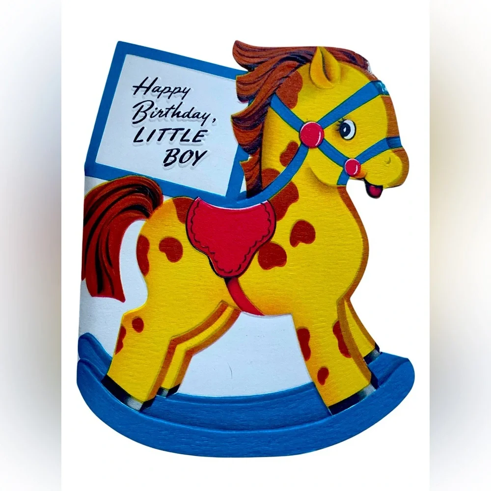 Vintage 1950’s Colorful Rocking Horse Birthday Card “Happy Birthday, Little Boy”